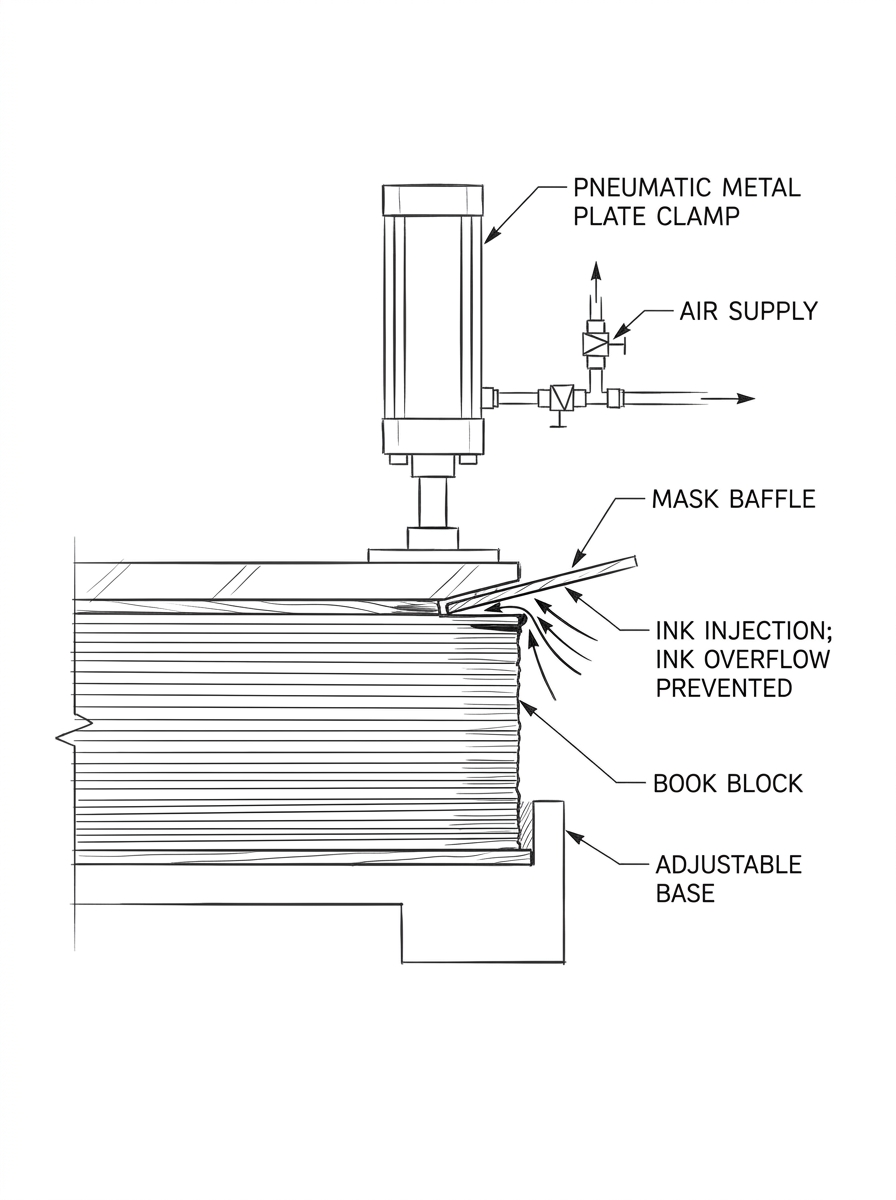 Schematic diagram of a book block held by a clamp